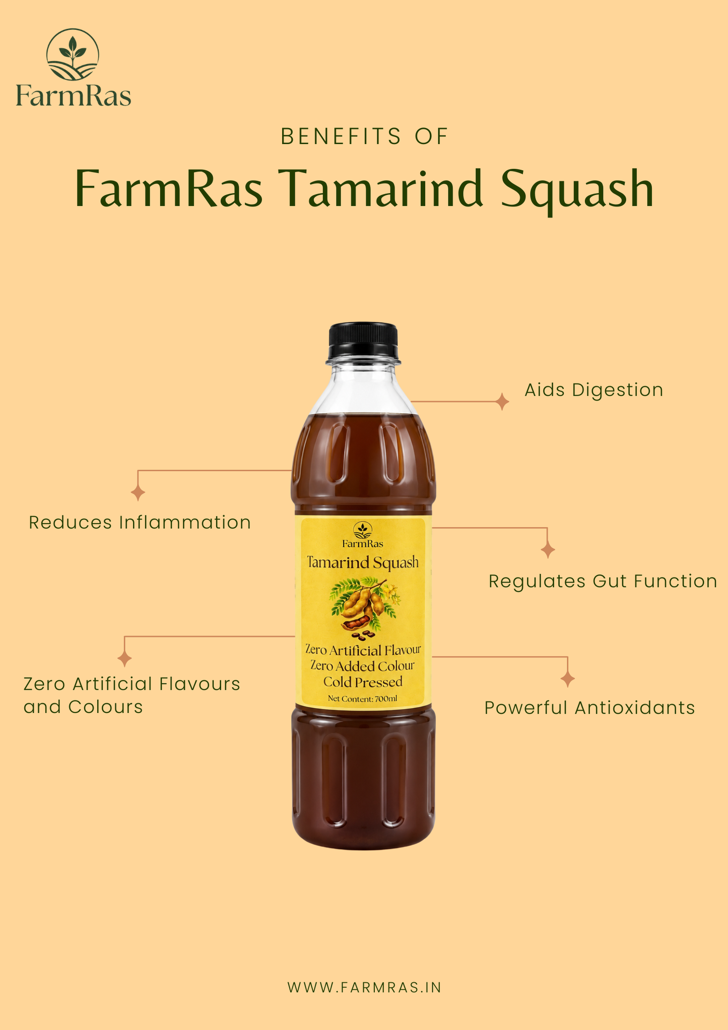 FarmRas Tamarind Squash (700ml, makes 1.7lt Juice) | Zero Artificial Flavour and Colouring | Fruit Squash