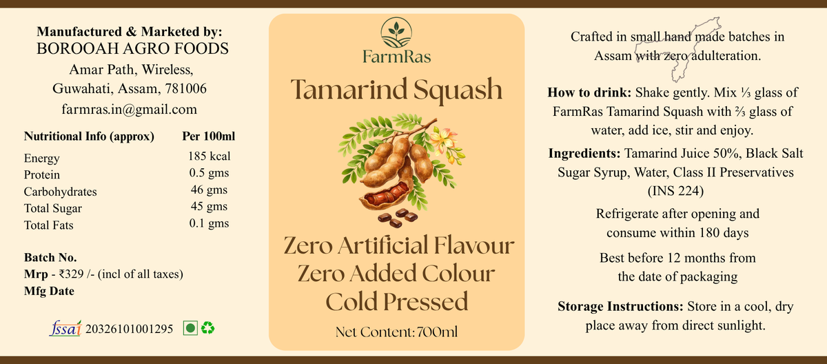 FarmRas Tamarind Squash (700ml, makes 1.7lt Juice) | Zero Artificial Flavour and Colouring | Fruit Squash