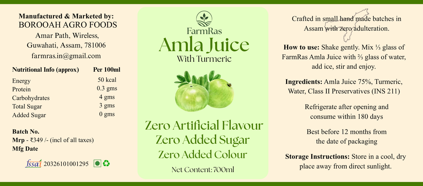 FarmRas Amla Juice | Zero Artificial Flavouring and Colours | Boosts Skin & Hair Health | 700ml Healthy Juice