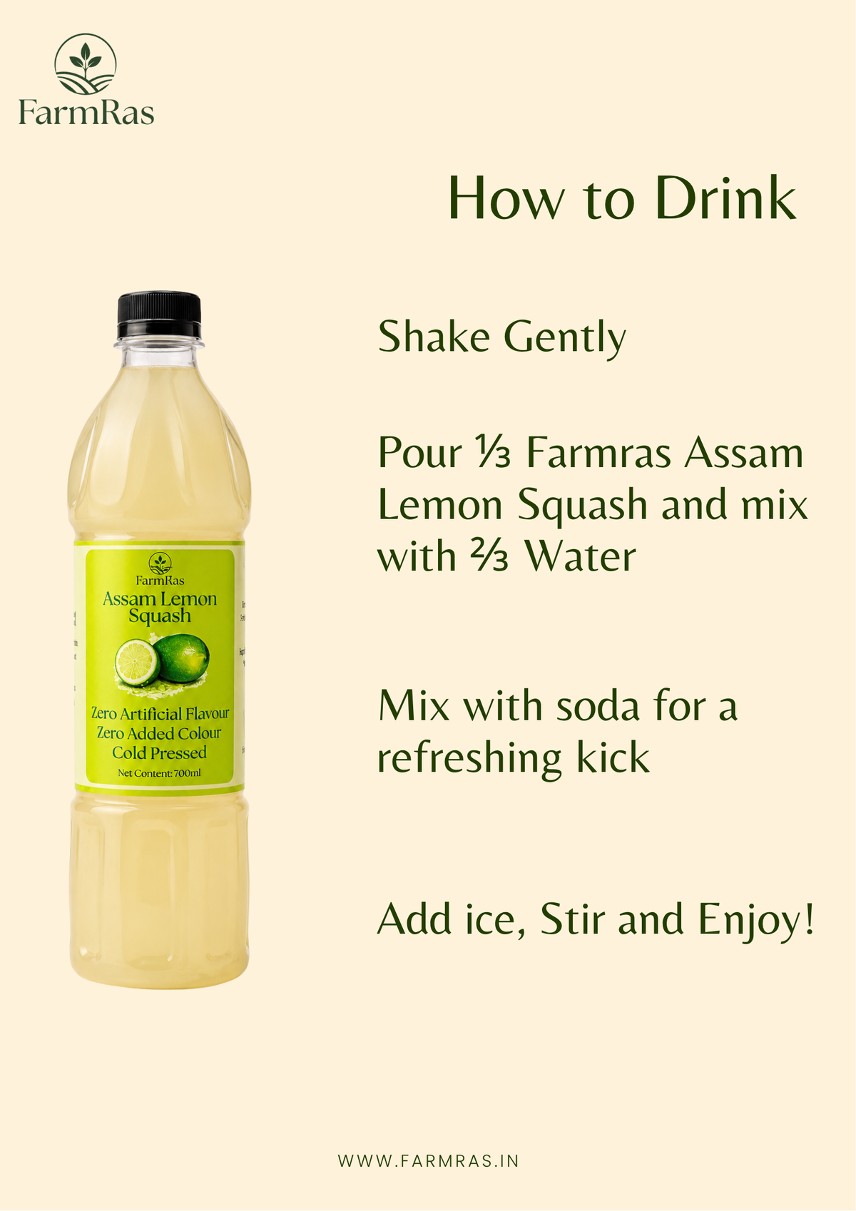 FarmRas Kazi Nemu Squash | 700ml makes 1.7lt Squash | Zero Artificial Flavours and Artificial Colours | Fruit Squash